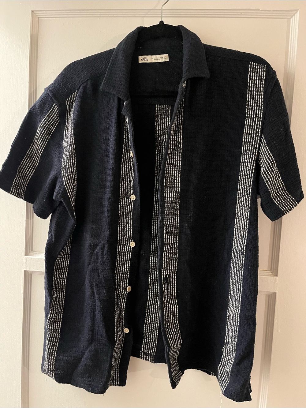 Zara Navy Short-Sleeve Button-Down with White Vertical Stitch Stripes
